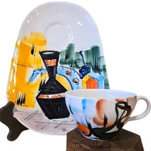 Vintage Ed E. Langbein Italy Hand Painted signed MCM abstract tea saucer & cup